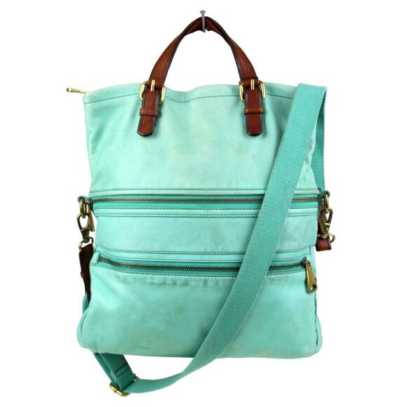 Fossil AQUA GREEN GENUINE LEATHER CONVERTIBLE TAN TOP HANDLE SHOULDER BAG TOTE - Picture 1 of 14